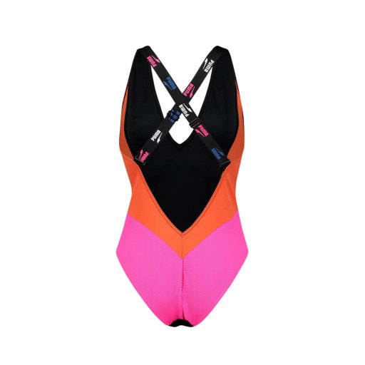 PUMA SWIM WMN PLUNGE SWIMSUIT Női egyrészes fürdőruha 1P Black-Pink-Orange